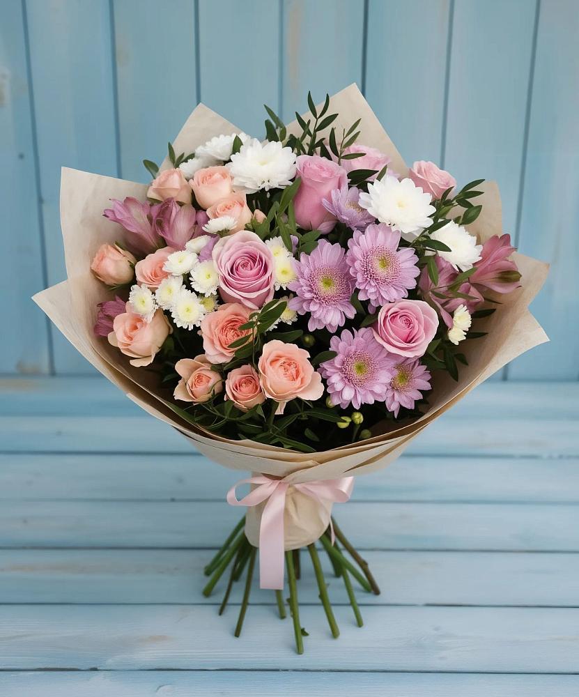 Букет цветов из: Хризантемы, Розы и Альстромерии в Сусанино Ленинградская область