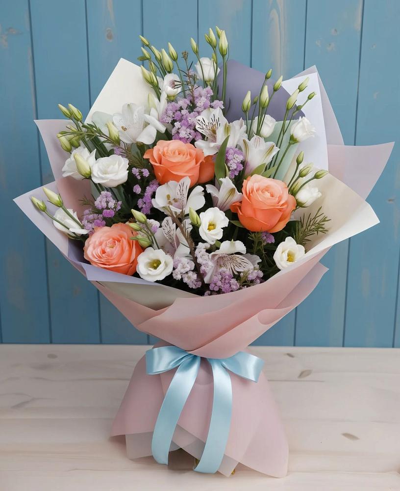 Букет цветов из: Лизиантусы, Розы, Альстромерии и Гипсофила в Сусанино Ленинградская область