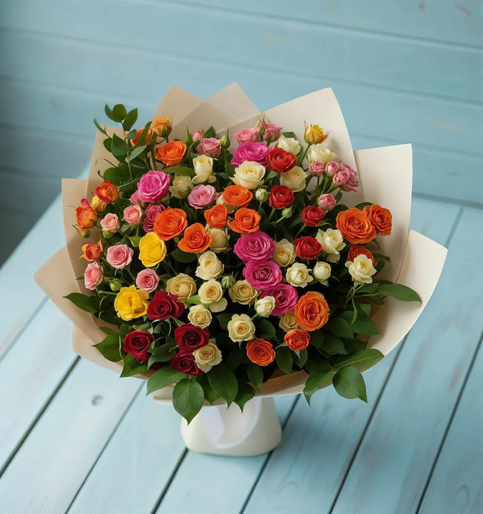 Букет Микс из разноцветных кустовых роз в Сусанино Ленинградская область