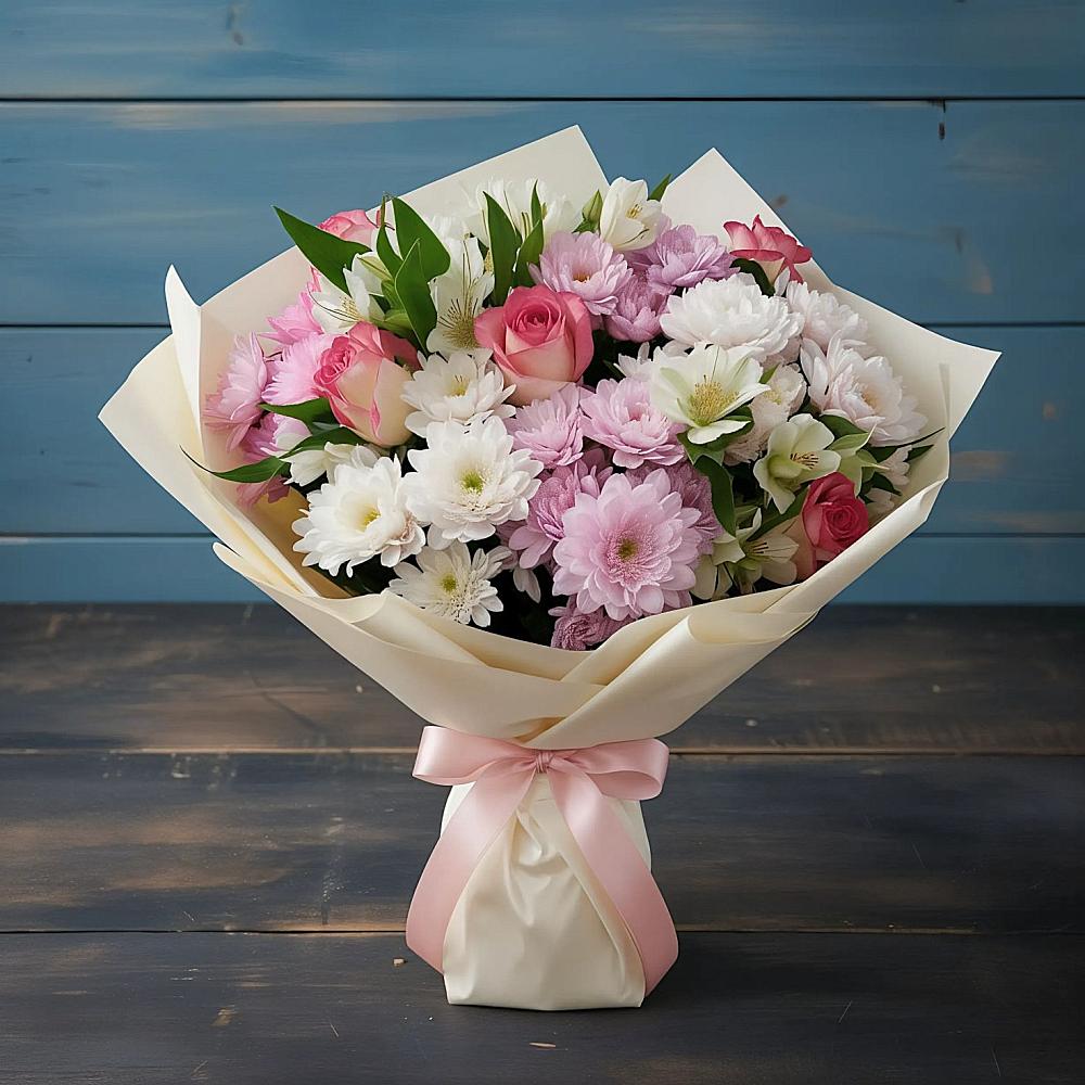 Букет цветов из: Хризантемы, Альстромерии и Розы в Сусанино Ленинградская область